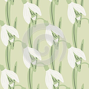 White galanthus flower seamless pattern in botanic style. Light green background. Scrapbook backdrop