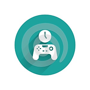 White Gamepad of time icon isolated with long shadow. Time to play games. Game controller. Green circle button. Vector