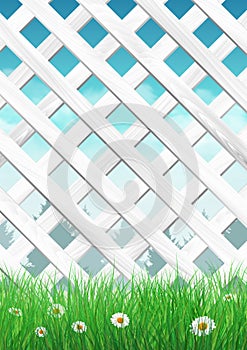 White garden fence with grass and flowers, spring background