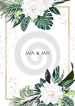 White gardenia, hibiscus, green monstera, palm tropical leaves template vertical card