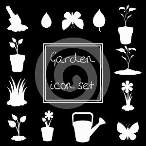 White gardening icon set isolated on black background .
