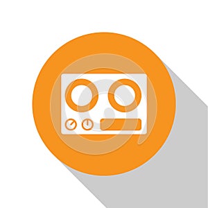 White Gas stove icon isolated on white background. Cooktop sign. Hob with four circle burners. Orange circle button