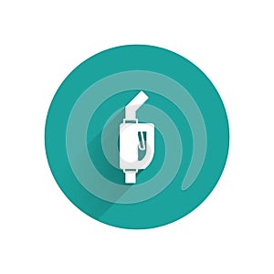 White Gasoline pump nozzle icon isolated with long shadow background. Fuel pump petrol station. Refuel service sign. Gas