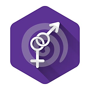 White Gender icon isolated with long shadow. Symbols of men and women. Sex symbol. Purple hexagon button