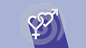 White Gender icon isolated on purple background. Symbols of men and women. Sex symbol. 4K Video motion graphic animation