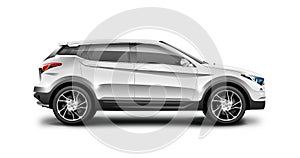 White Generic SUV Car On White Background. Side View With Isolated Path