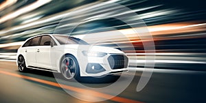 White generic and unbranded car speed driving on asphalt road in a city, 3D illustration