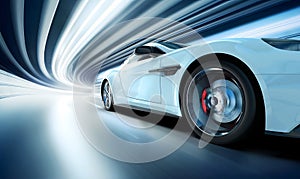 White generic and unbranded sport car speed driving in a tunnel, 3D illustration