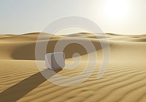 White Geometric Cube in a Desert Landscape