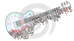 white geometric guitar formed by triangles with a neon effect fades in pixels