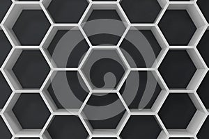 White geometric hexagonal abstract background with black wall, 3D rendering