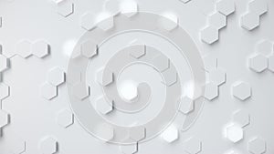 White geometric hexagonal abstract background. Surface polygon pattern with glowing hexagons, honeycomb. Abstract white