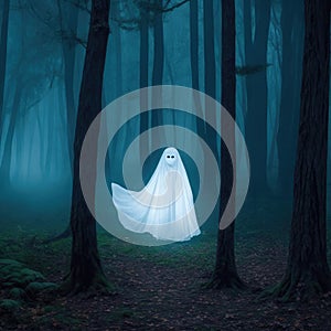A white ghost with black eyes in a dark scary forest. Halloween holiday. Image taken by AI