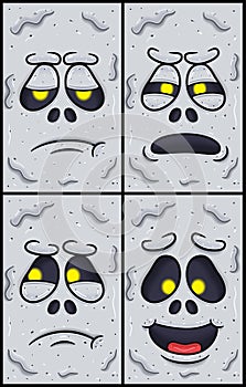 White Ghost Face Expression Character Cartoon. Bored, Suspecious, Jealous And Happy Expression. Wallpaper, Cover, Label and