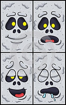 White Ghost Face Expression Character Cartoon. Hopeful, Disbelieving, High And Sleepy Expression. Wallpaper, Cover, Label and