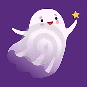 White Ghost Flying with Star, Cute Halloween Spooky Character Vector Illustration