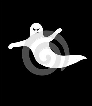 White ghost for halloween holiday design isolated on black background. Flying character with evil eyes