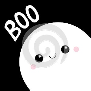 White ghost spirit in the corner. Boo text. Happy Halloween. Cute cartoon scary spooky character. Smiling face, hands. Orange