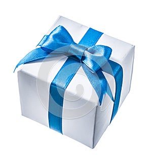 White gif box with blue ribbon isolated on white