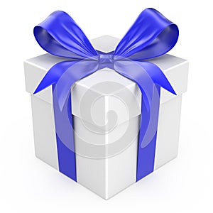 White gift with a blue ribbon and a bow