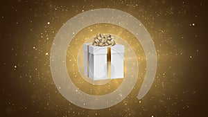 White gift with bow on the festive gold background. Holiday abstract loop animation.