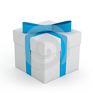 White Gift Box with Blue Ribbon and Bow on the White Background