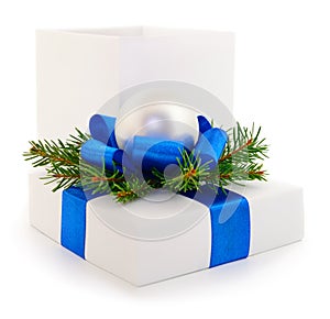 White gift box with blue ribbon oland toy