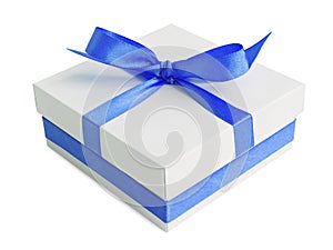 White gift box with blue satin ribbon bow