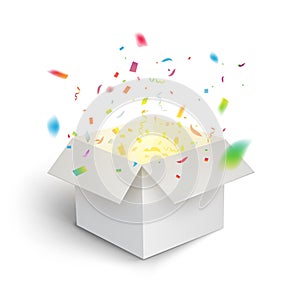 White gift box confetti explosion. Magic open surprise gift box package decoration