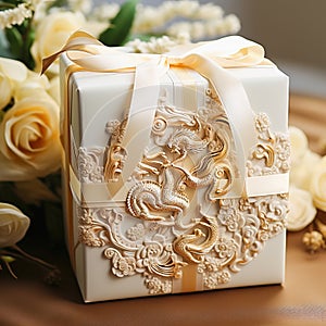 White gift box with a dragon image.