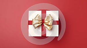 White gift box with gold bow on red background. Top view. Generative AI