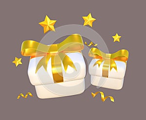 White gift box with golden bow and gold stars 3d decorative., White And Golden PresentGift Box Isolated On The White Background.,