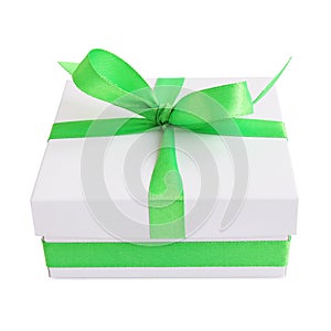 White gift box with green satin ribbon bow