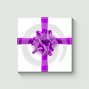 White gift box with lilac ribbon. Celebration decoration design illustration. Holiday package element