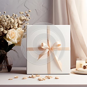 white gift box mockup with bow,AI generated.