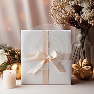 white gift box mockup with bow,AI generated.