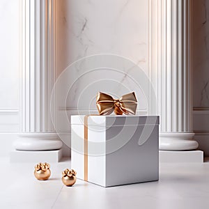 White gift box mockup with bow, christmas background,AI generated