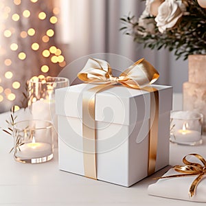 White gift box mockup with bow, christmas background,AI generated