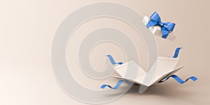 White gift box open or blank present box with blue ribbon and bow on light gray background with shadow and blank space