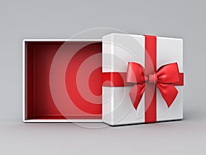 White gift box open with blank red bottom box or top view of present box tied with red ribbon and bow on grey white