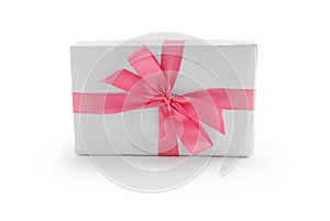 White gift box with pink ribbon bow isolated on white background