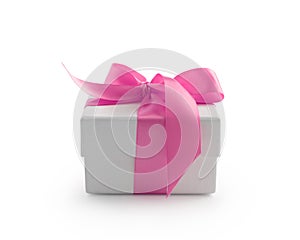 White gift box with pink ribbon bow isolated on white background