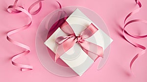 White gift box with pink ribbon on the pink background