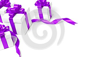 White gift box with purple ribbon bow