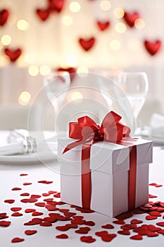 A white gift, a box with a red bow around scattered red hearts, glasses, a plate, a romantic dinner. Gifts as a day symb