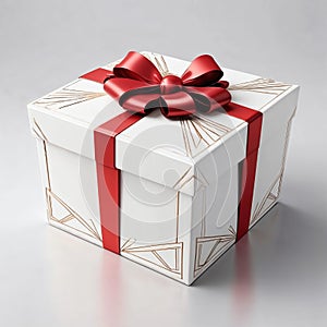 White gift box with golden pattern with red bow AI generated image.