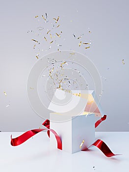 White gift box with red bow opens with an explosion of confetti and a blank card appears