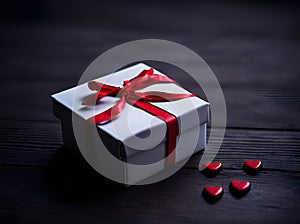 A white Gift box with red bow ribbon and hearts on wooden background. ai generative