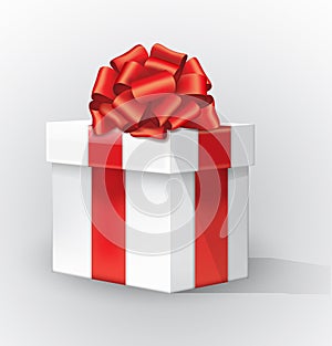 White gift box with a red bow and shadow. Curve red ribbon with a gold stripe tied bow Isolated realistic vector object