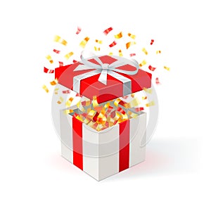 White Gift Box with red cover and gold confetti. Open gift box. festive background. Free delivery, bargain, special